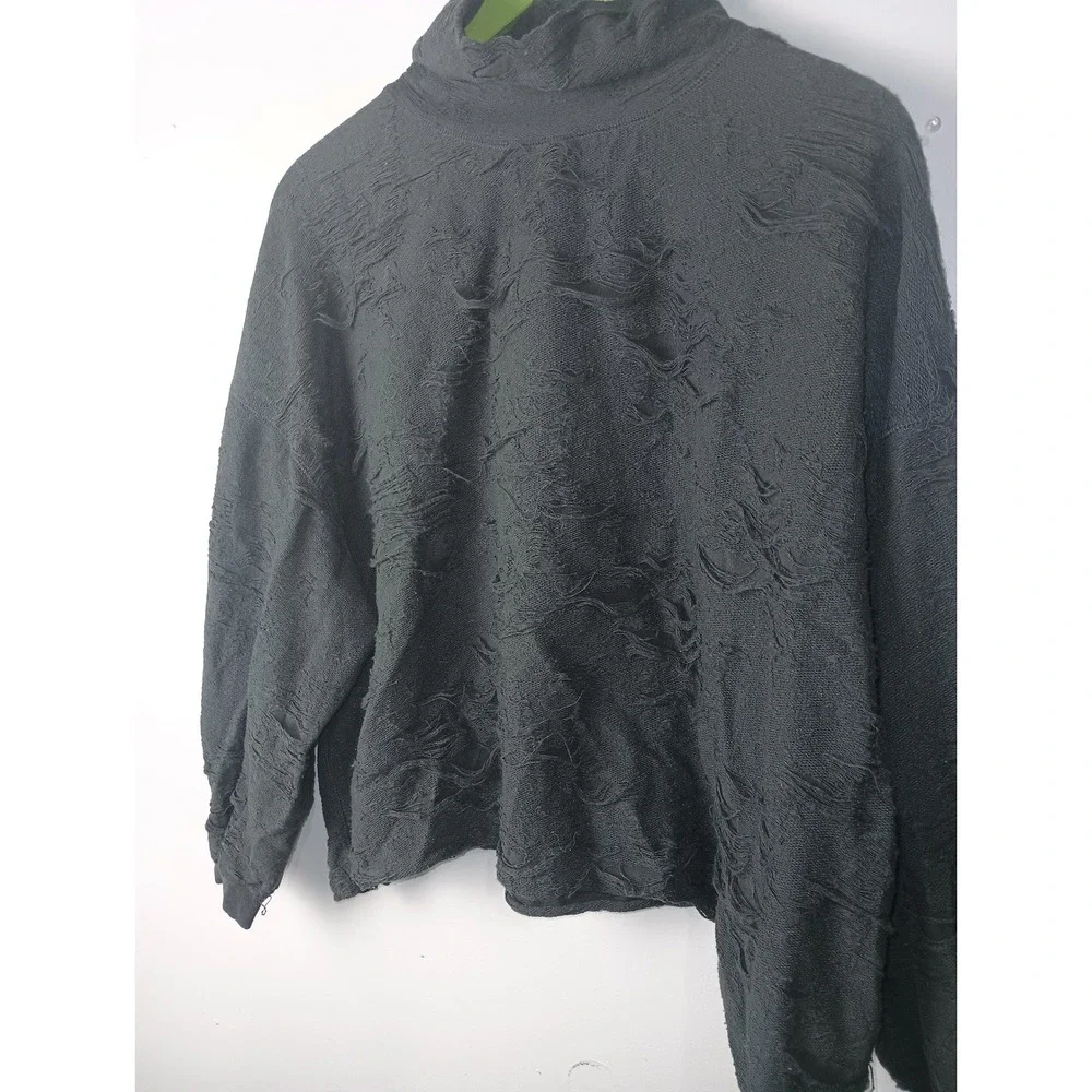 Free People Found My Friend Mock Neck Distressed Sweatshirt Charcoal Grey Small